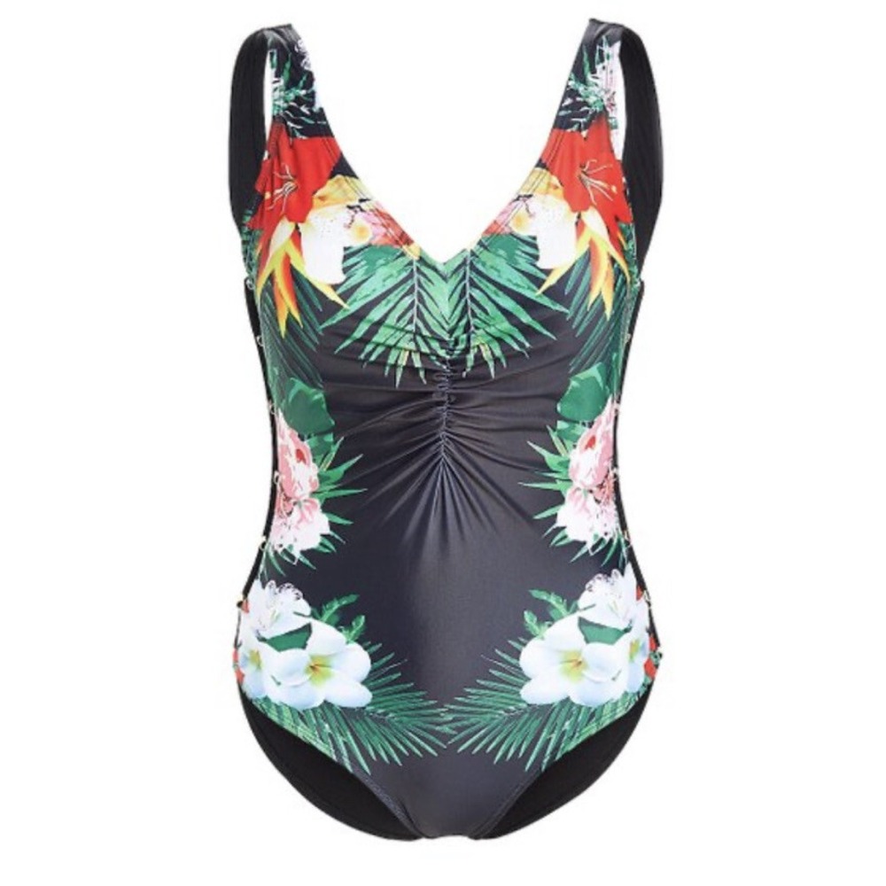 Nicole Miller One Piece Swimsuit Womens 8 Side Caging Floral V-Neck Swimwear Top